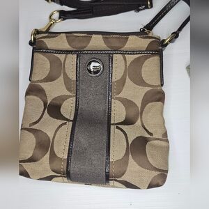 Coach Signature Tan ‘C’ Canvas Crossbody File Bag with Leather Trim